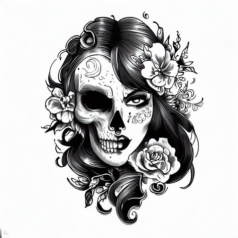 Half Women Half Skull Tattoo, Chest Tattoo Female Skull, Half Skull Half Woman Face Tattoo, Half Skull Tattoo Design, Half Face Tattoo Design, Skull Women Tattoo, Women Skull Tattoo Ideas, Skull Tattoo Design Women, Mexican Skull Tattoos Women