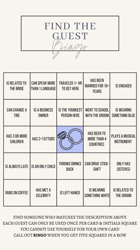 "-Bridal Shower/Wedding Game Instant Download/Printable! -\"Find the Guest\" Bingo to get your guests mingling! -Traditional Bingo \"Free Space\" and simple Game Instructions on the Print -Print as many copies as you would like with this downloadable file! *This is a digital download, nothing will be shipped or mailed to you *Purchase includes one downloadable file *Please note your print color may vary from actual photo *Please let me know if you have any questions when downloading your file!" Guest Bingo Wedding, Engagement Party Bingo, Eye Spy Wedding Game, Wedding Photo Bingo, Find The Guest Bridal Shower Game, Wedding Bingo Printable Free, Wedding Day Games For Guests, Wedding Guest Bingo, Non Traditional Bridal Shower Games