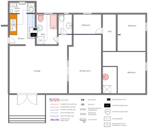 House Tap Water Supply Plumbing Plan | EdrawMax Free Editbale Printable Plumbing Plan For House, Plumbing Layout, Plumbing Plan, Residential Plumbing, Plumbing Pipes, Hot Water System, Plumbing Pipe, Dirty Water, Tap Water