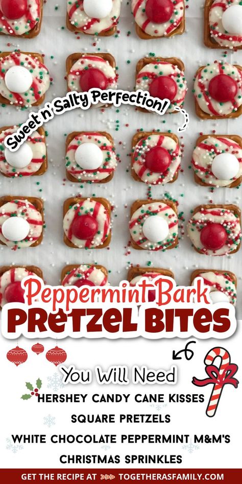 A pin graphic for pretzel bites with peppermint candy cane kisses. One picture with a text box in the middle with the title of the recipe and a list of ingredients needed. Easy Christmas Treat, Peppermint Pretzel, Peppermint White Chocolate, Christmas Pretzels, Easy Christmas Candy Recipes, Pretzel Treats, Peppermint White, Easy Christmas Treats, Xmas Treats