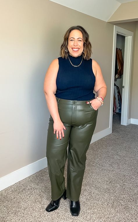 Olive Green Leather Pants Outfit, Green Leather Pants Outfit, Walmart Fall Outfits, Green Faux Leather Pants, Green Leather Pants, Midsize Fall Outfits, Pants Trend, Olive Style, Fall Workwear