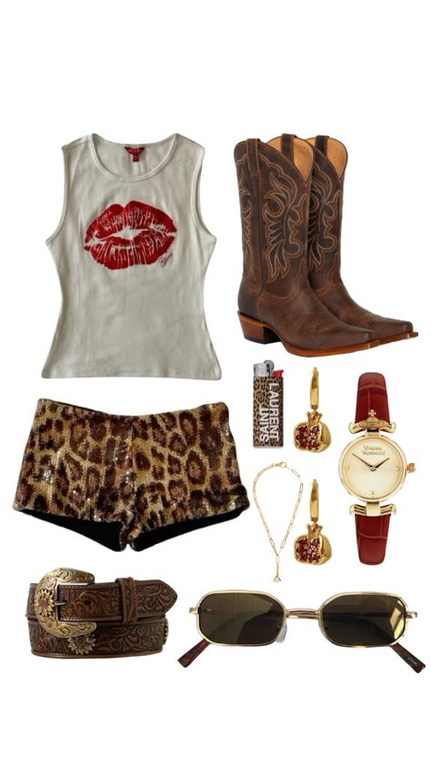 Coachella 2016 Outfits, Festival Outfit With Cowboy Boots, Cheetah Festival Outfit, Leopard Festival Outfit, Nashville Outfits Aesthetic, Cool Girl Festival Outfits, Festival Fits 2024, Australian Festival Outfit, Besame Mucho Festival Outfit