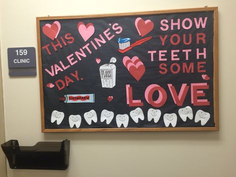 February is pediatric dental health month! Show your teeth some love!! Pet Dental Health Month, Nurse Bulletin Board, School Nurse Office Decorations, Health Bulletin Boards, Nurse Office Decor, Pediatric Dental Office, School Nurse Office, Valentines Day Bulletin Board, Dental Posts