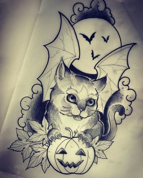 Cat bat moon pumpkin leaves October Halloween Salem Tattoo, Is It Halloween Yet, Otter Tattoo, Bats Tattoo Design, Bat Cat, Vampire Cat, Bat Tattoo, Spooky Tattoos, Watch Tattoos