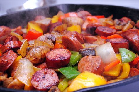 Andouille sausage, Peppers, Onions and Mushrooms – Crazy Jamie Sausage Peppers Onions, Andouille Sausage Recipes, Peppers And Mushrooms, Sausage Peppers And Onions, Smoked Sausage Recipes, Yellow Bell Pepper, Sausage Peppers, Cajun Dishes, Sausage Dishes