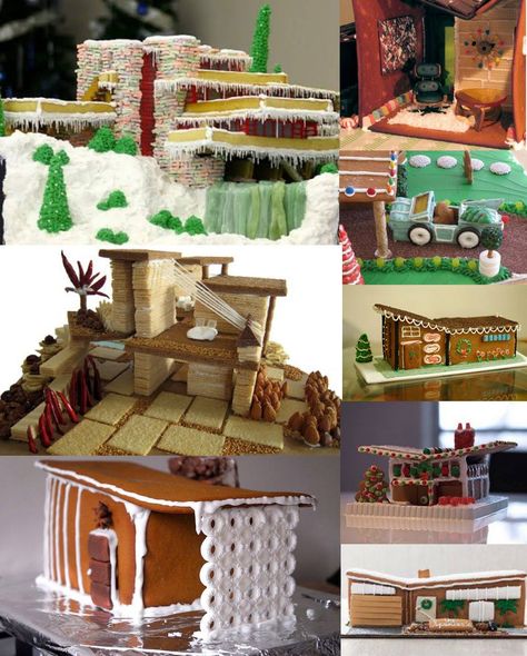 Mid-Century Modern Gingerbread Houses from Modern Bear https://www.facebook.com/media/set/?set=a.288276827881892.70341.122976021078641&type=3 Mid Century Gingerbread House, Mid Century Modern Gingerbread House, Midcentury Modern Gingerbread House, Mid Century Modern Christmas Village, Modern Gingerbread House, Retro Gingerbread Man, Die Hard Gingerbread House, Mid Century Putz House, Mod Christmas