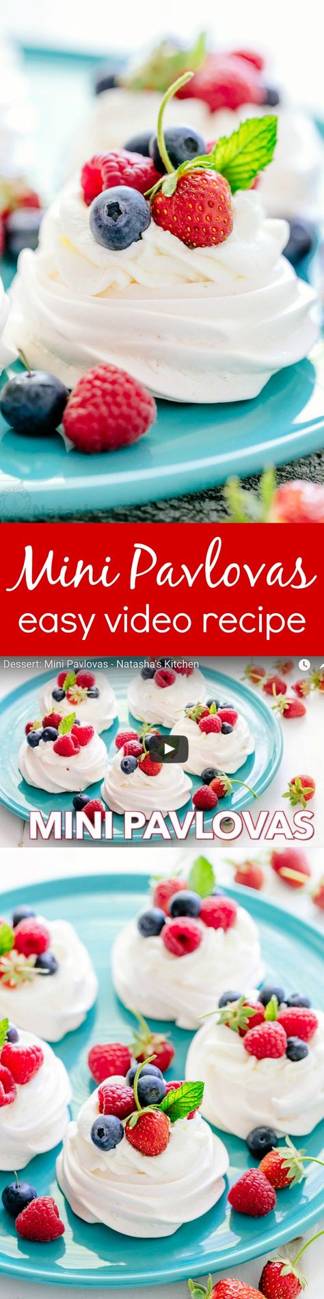 Pavlova is a showstopping meringue dessert and is easier than you think! Mini pavlovas have crisp shells and marshmallow centers. They melt-in-your-mouth! | natashaskitchen.com Natashas Kitchen, Meringue Dessert, Funfetti Cheesecake, Mini Pavlovas, Mini Pavlova, Meringue Desserts, Pavlova Recipe, Baking Sweets, Recipe Video