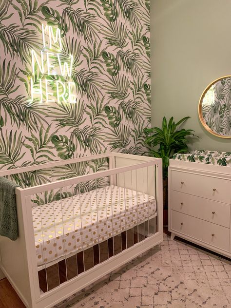 Tropical Wallpaper Nursery, Palm Springs Nursery, Hawaiian Nursery Theme, Tropical Nursery Theme, Pottery Barn Wallpaper, Eloise Nursery, Plant Themed Nursery, Wayfair Wallpaper, Barn Wallpaper