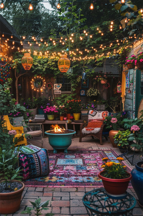 Cheap small garden ideas with a colorful, cozy garden filled with flowers, string lights, and comfortable seating. Small Garden Feature Ideas, Pretty Small Garden Ideas, Decorating Ideas For Garden, Colourful Courtyard Garden, Small Courtyard Garden Ideas Budget, Small Patio Garden Ideas Budget, Rented Garden Ideas, Garden Boho Ideas, Small Garden Yard Ideas