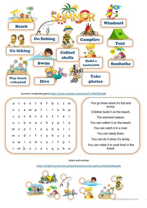 Summer pack - English ESL Worksheets for distance learning and physical classrooms Summer Vocabulary Activities, Summer Esl Activities For Kids, Summer Time Worksheets, Summer Camp Worksheets, Summer English Worksheet, Summer Vocabulary For Kids, Holiday Worksheets For Kids, Summer Holidays Worksheet, Vacation Activities For Kids