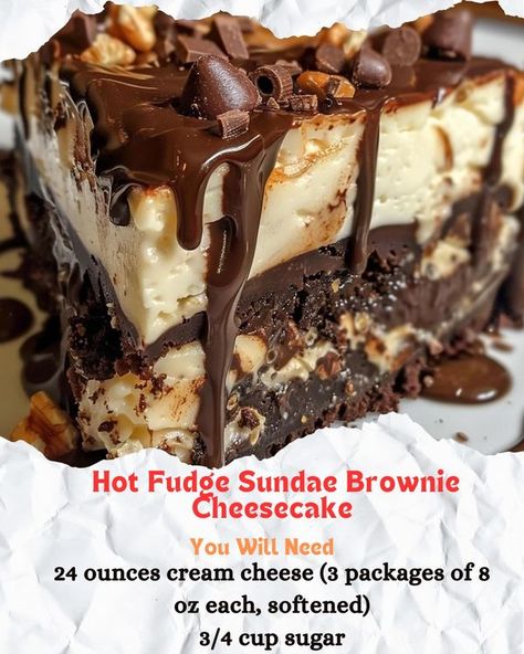 The Recipe Mingle | Just whipped up a Hot Fudge Sundae Brownie Cheesecake | Facebook Hot Fudge Sundae Brownie Cheesecake, Reese Pie, Desserts Board, Cheesecake Ideas, Baking Cheesecake, Shot Glass Desserts, Hot Fudge Sundae, Icebox Desserts, Fudge Sundae