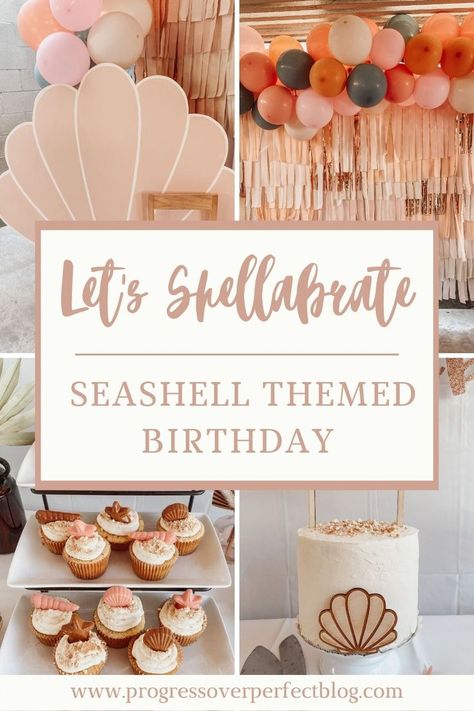 Four photos of seashell themed birthday party decorations Under The Sea Party Favors, Sea Party Favors, Seashell Party, Sea Themed Birthday Party, Shared Birthday Parties, Birthday Party Under The Sea, Under The Sea Party Decorations, Sea Party Decorations, Beach Theme Birthday