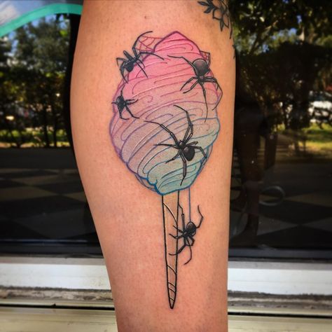 Skylar Skylord Rose Wasserman on Instagram: “Flashback to one of my favorites 🕷 #tattooartist #ladytattooers #cottoncandy #cottoncandytattoo #floridatattooartist #spider #spidertattoo…” Pink Spider Web Tattoo, Slurpee Tattoo, Cotton Candy Tattoo, Candy Tattoo Ideas, Dessert Tattoo, Witchy Tattoos, Candy Tattoo, Left Arm Tattoos, Horror Tattoos