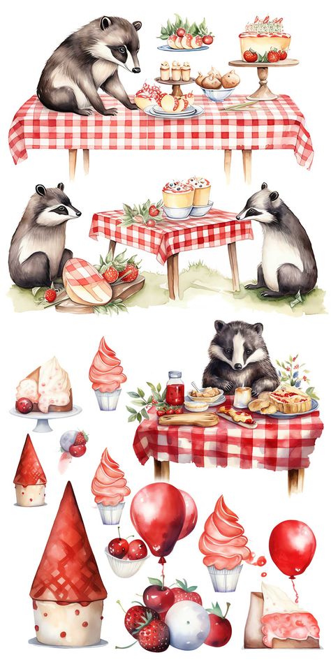 Watercolor woodland badgers at a picnic clip art bundle Picnic Clipart, Woodland Realm, Animal Watercolor, Create Invitations, Watercolor Animals, Summer Crafts, Woodland Animals, Nature Beauty, Badger