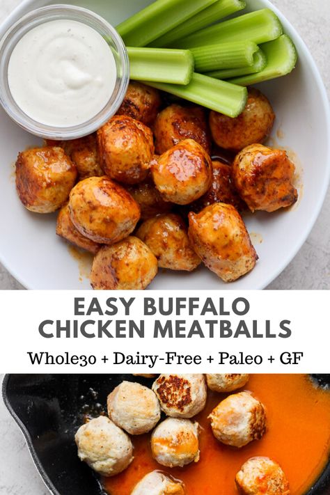 Buffalo Chicken Meatballs - The Wooden Skillet Paleo Buffalo Chicken Meatballs, Whole 30 Buffalo Chicken Meatballs, Whole30 Pizza, Chicken Meatballs Healthy, Wooden Skillet, Tartiflette Recipe, Dairy Free Appetizers, Easy Buffalo Chicken, Paleo Appetizers