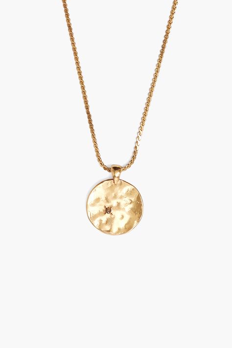 A minimal pendant necklace elevated by serpentine chain detailing and a hammered gold coin featuring a solitaire champagne diamond. 18k gold-plated sterling silver. 17 - 19" Adjustable. Handmade in Vietnam. Gold Beats, Serpentine Necklace, Minimal Pendant, Gold Pendent, Hammered Gold, Champagne Diamond, Gold Coins, Coin Necklace, Coin Pendant