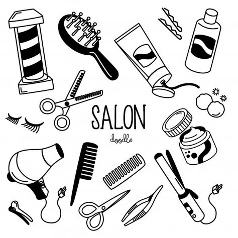 Hand drawing styles with salon shop item... | Premium Vector #Freepik #vector #design #hand #line #hair Hair Salon Drawing, Hand Drawing Styles, Stylist Drawing, Salon Drawing, Scissors Drawing, Makeup Drawing, Drawing Styles, Barber Shop Decor, Salon Art