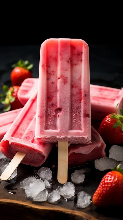 Popsicle Painting, Popsicles Photography, Strawberry Yogurt Popsicles, Strawberry Popsicles, Ice Popsicle, Ice Cream Poster, Ice Cream Photography, Yogurt Popsicles, Berry Dessert