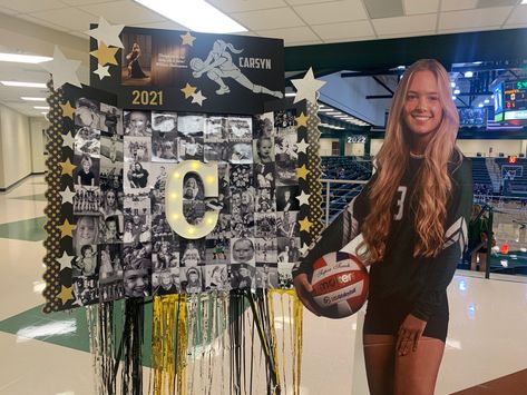 Volleyball Trifold Collage Volleyball Senior Board, Senior Volleyball Table Ideas, Senior Night Table Display Volleyball, Senior Poster Board Ideas Volleyball, Senior Night Boards Volleyball, Senior Trifold Board Ideas, Graduation Photo Boards, 2enior Ye4r, Volleyball Picture