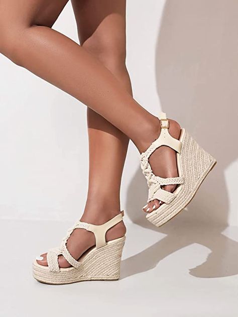 Braided trim adds a subtle, earthy element to a versatile platform wedge sandal complete with a ankle strap Casual Summer Shoes, High Heel Wedges Platform, Casual Summer Sandals, Visor Sunglasses, Strappy Platform Sandals, Beige Heels, Sandals Casual, High Heel Wedges, Platform Espadrilles