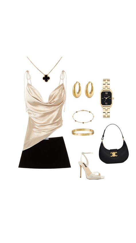 #dinneroutfit #fancyoutfit #fashion #elegant #elegantoutfit #silk #goldgirl #gold Black And Gold Party Outfit, Black And Gold Birthday Outfit, Gold And Black Outfit, Classy Skirt Outfits, Gold Birthday Outfit, Black And Gold Outfit, Gold Outfit, Dinner Outfit, Gold Girl