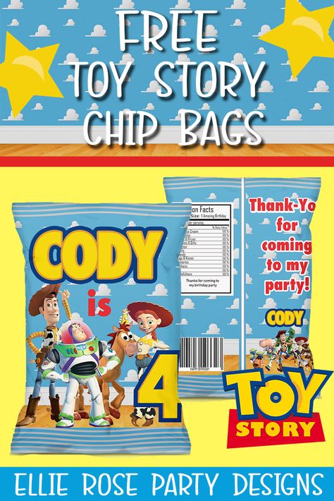 Free Toy Story Chip Bag Printables - Download and Print from Home. These cute chip bags are a great addition to your dessert table. Your guest will love these also as a favor bag to take home with them #toystorypartyideas #toystoryparty #toystorypartyprintables #toystoryfreebies #freetoystoryprintables #chipbag printables #toystorybirthdaypartyideas Toy Story Printables Free, Toy Story Free Printables, Free Toy Story Printables, Toy Story Printables Free Templates, Toy Story Party Favors Gift Bags, Toy Story Favor Bags, Toy Story Dessert Table, Toy Story Free Printables Birthdays, Toy Story Chip Bags Template