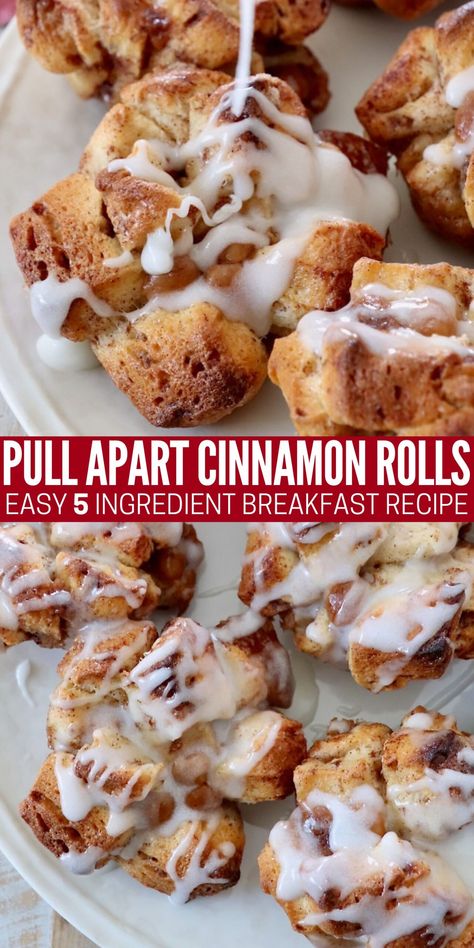 These Pull Apart Cinnamon Rolls are guaranteed to become your new favorite 5 ingredient breakfast recipe! They're so easy to make and incredibly sweet and delicious. Starting with canned Pillsbury cinnamon rolls makes this recipe easy enough to make anytime. But they're also impressive enough to serve for a holiday brunch! Pull Apart Cinnamon Rolls, 5 Ingredient Breakfast, Pillsbury Cinnamon Roll Recipes, Fritters Recipes, Pillsbury Biscuit Recipes, Monkey Bread Muffins, Best Apples For Baking, Cinnamon Roll Monkey Bread, Holiday Entertaining Food