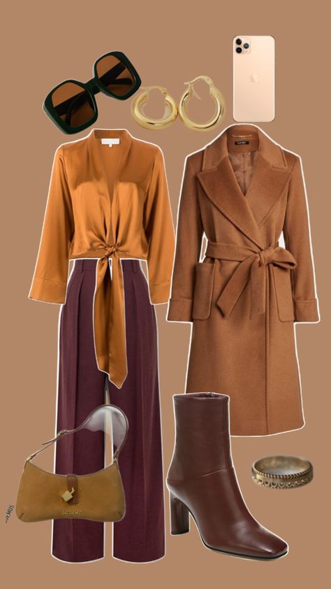 The Warm Autumn girlies would shine in these colours! Camel + Burgundy + Burnt Orange + Gold + Warm Browns Camel Color Outfits, Warm Fall Outfits, Autumn Outfit Inspo, Warm Browns, Gold Outfit, Orange Outfit, Warm Autumn, Warm Brown, Camel Color