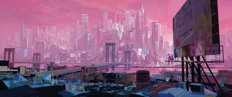 SPIDER-MAN: INTO THE SPIDER-VERSE Concept Art Features The Spider-Lair, Spider-Ham, The Multiverse, And More Spiderman Across The Spider Verse Landscape, Spider Verse Landscape, Into The Spiderverse Landscape, Spider Verse Background Art, Spiderman Across The Spider Verse Concept Art, Across The Spider Verse Concept Art, Spider Verse Art Book, Into The Spider Verse Concept Art, Spider Verse Concept Art