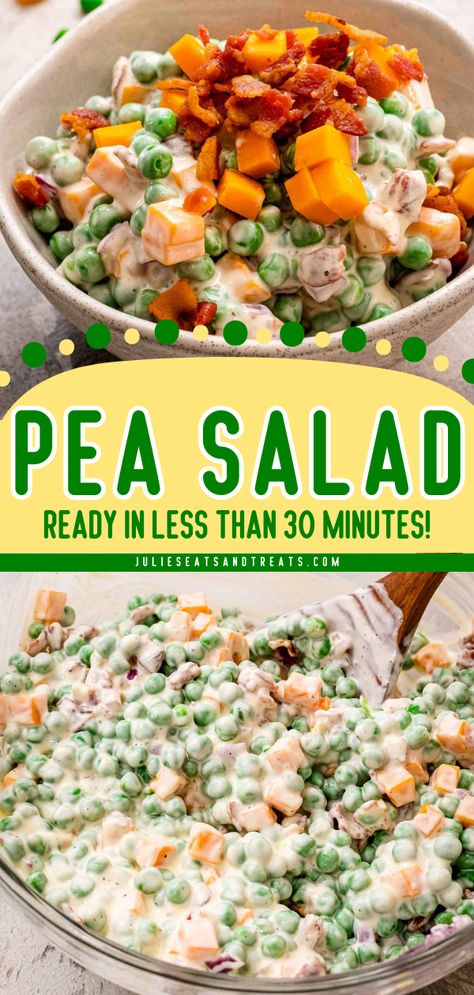 Make this Old-fashioned classic Pea Salad for your Christmas menu ideas! This salad recipe has a creamy dressing with beans, cubed cheese, bacon, and onions. This easy Christmas side dish is also ready in less than 30 minutes! Easy Pea Salad, Classic Pea Salad, Easy Salads To Make, Peas Salad, Pea Salad Recipes, Pea Salad, Salad Side Dishes, Salad Bar, Frozen Peas