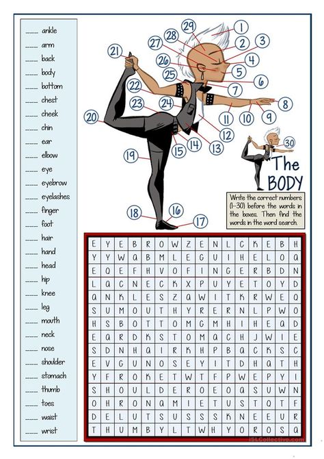 VOCABULARY - THE BODY - WORDSEARCH - English ESL Worksheets for distance learning and physical classrooms Learning English Activities, English Game Worksheet, English Crosswords Worksheets, Activities Worksheets For Kids, Activities Worksheet, Find The Words Worksheet, English Class Activities, Body Worksheet, Parts Of The Body