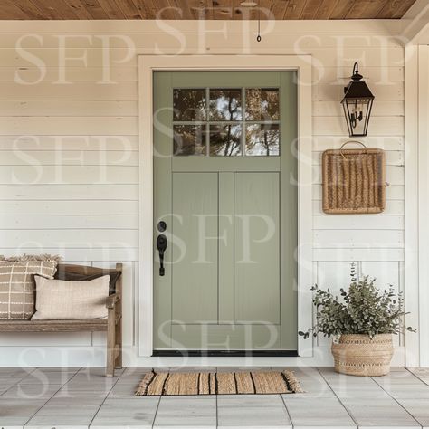 Cottage Farmhouse Front Porch, Front Door Trim Exterior Farmhouse, Farmhouse Front Door No Windows, Grey Brick Front Porch, Two Front Doors On House, Muted Green Front Door, Door Color White House, Painted Front Door White House, Front Door Ideas White House