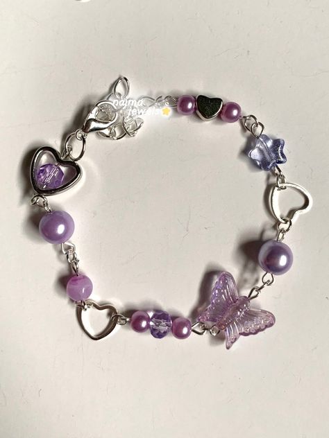 Purple Beads Bracelets, Beaded Butterfly Bracelet, Heart Pearl Bracelet, Star Things, Bracelet Coquette, Bracelets Purple, Bracelet Picture, Pulseras Kandi, Bracelet Star