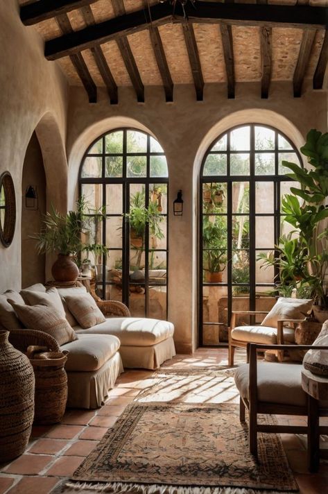 A cozy Mediterranean-style interior featuring arched doorways, rustic wooden ceilings, and natural decor like potted plants and woven rugs for a warm, inviting atmosphere. Mediterranean Interior Apartment, European Home Aesthetic, Italian Country Home, Arched Doorways, Italian Country, Mediterranean Interior, European Home, Natural Decor, Decor Elements