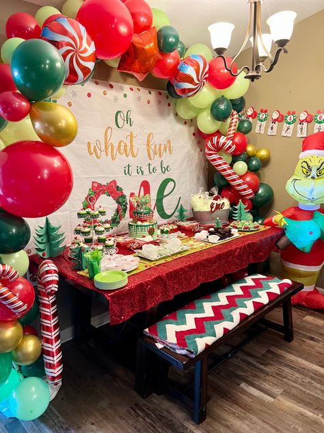 1st Birthday At Christmas Time, First Birthday Party Christmas, Candy Cane Lane Birthday Party, 1st Birthday Party Ideas Christmas, First Christmas Birthday Party, Holiday Themed First Birthday, Christmas First Birthday Party Ideas, First Christmas Birthday, Christmas In July 1st Birthday