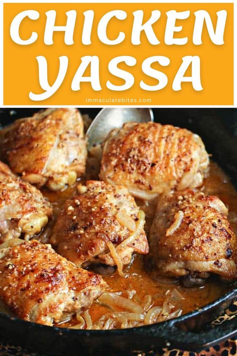 Yassa chicken is a traditional Senegalese dish made with marinated chicken, onions, and a tangy mustard-based sauce. Perfectly spiced and packed with flavor, it's sure to become your new go-to dish chicken recipes. Chicken Yassa Recipe, Chicken With Caramelized Onions, Chicken Yassa, Chicken Poulet, Dinner Party Dishes, Delicious Chicken Recipes, Fancy Dinner Party, Food To Cook, Party Dishes