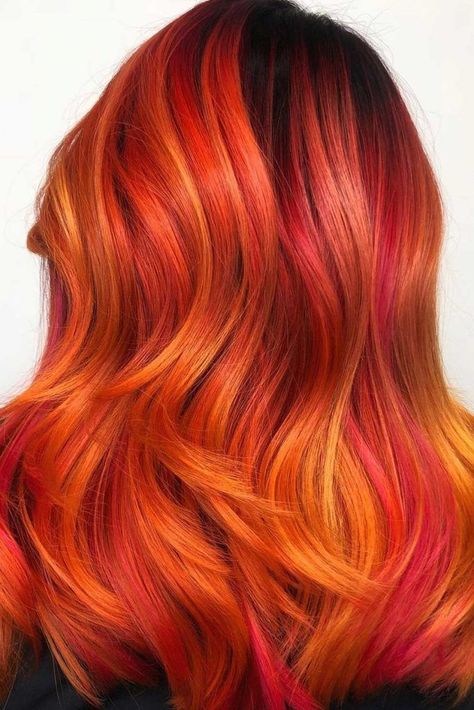 Here Is Why You Will Fall In Love With A Sunset Hair Color ★ Sunset Hair Ombre, Fire Hair Color, Sunset Hair Color, Exotic Hair Color, Flame Hair, Baylage Hair, Yellow Hair Color, Sunset Hair, Red Ombre Hair