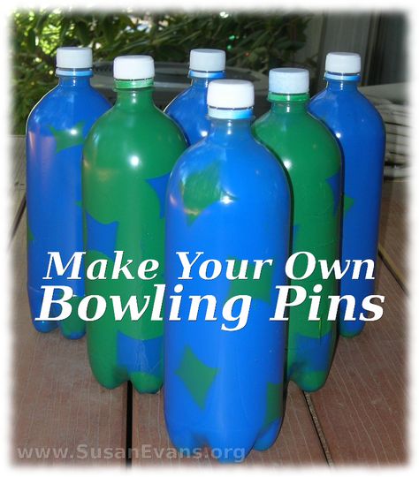 How to Make Your Own Bowling Pins - http://susanevans.org/blog/make-bowling-pins/ Diy Bowling Pins, Diy Bowling, Family Daycare, Kids Bowling, Eco Park, Coconut Bowls, Bowling Games, Homeschool Crafts, Kids Room Furniture