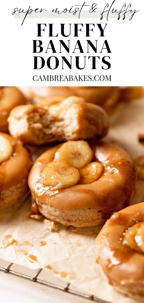 banana donuts with brown sugar glaze. Chocolate Donut Holes, Recipe Cinnamon Rolls, Cambrea Bakes, Treat Making, Cheesecake Strawberry, Cake Donuts Recipe, Caramelized Banana, Banana Buttermilk, Donuts Recipes