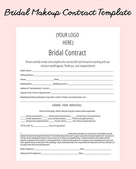 Wedding Makeup Contract, Makeup Artist Contract Template, Bridal Makeup Contract, Bridal Contract, Makeup Contract, Artist Template, Makeup Template, Wedding Contract, Simple Beach Wedding