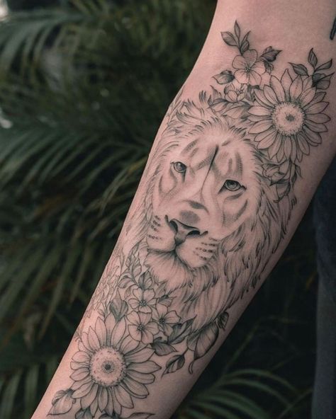 Unique Animal Tattoos, Sunflower Tattoo Simple, Animal Tattoos For Women, Cute Animal Tattoos, Sunflower Tattoo Shoulder, Quarter Sleeve Tattoos, Tattoos Meaningful, Orchid Tattoo, Lion Head Tattoos