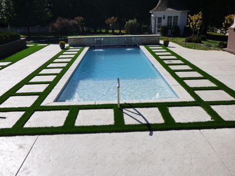 Pool Cement Ideas, White Concrete Pool Deck, Concrete And Turf Pool Deck, White Stamped Concrete, Concrete Pool Surround, Concrete Pool Deck Ideas, Stamped Concrete Pool Deck, Pool Landscapes, Pool Decking Concrete