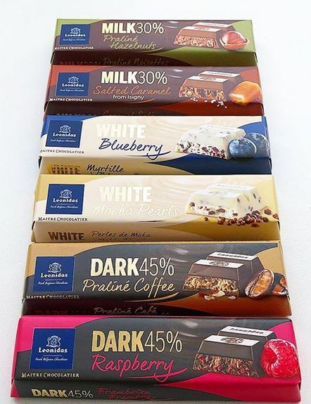 Leonidas Chocolate Bars from Belgium 🇧🇪. - Milk 30% Praliné Hazelnuts• Milk 30% Salted Caramel  • White Blueberry • White Mocha Pearls • Dark 45% Praliné Coffee• Dark 45% Raspberry Bites Packaging, Leonidas Chocolate, Belgium Chocolate, Hazelnut Milk, Chocolate Labels, White Mocha, Europe Style, Cream Filling, Protein Bar