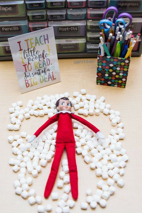 Elf Making Snow Angel, Marshmallow Elf On Shelf, Elf On The Shelf Ideas For High School Classroom, Elf On The Shelf Classroom Ideas Pre K, First Year Elf On The Shelf, Elf On The Shelf Ideas First Time, Elf On The Shelf Ideas Marshmallows, Elf Marshmallow Ideas, Elf On The Shelf Marshmallow Ideas