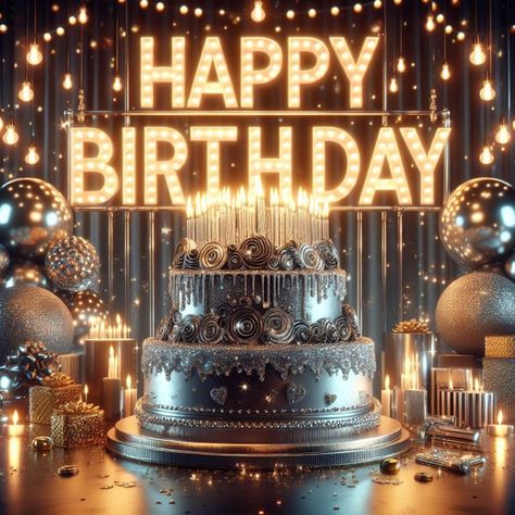 3 Images Incl. Happy Silver Birthday. Lit Candles Silver Velvet Cake. Gorgeous Decorations. Scrumptious looking cake. Image by SouthHavenMarket. Happy Birthday Style, Happy Blessed Birthday, Blessed Birthday, Birthday Male, Birthday Ecard, Happy Birthday Wishes Pics, Birthday King, Birthday Wishes Pics, Happy Birthday Ecard