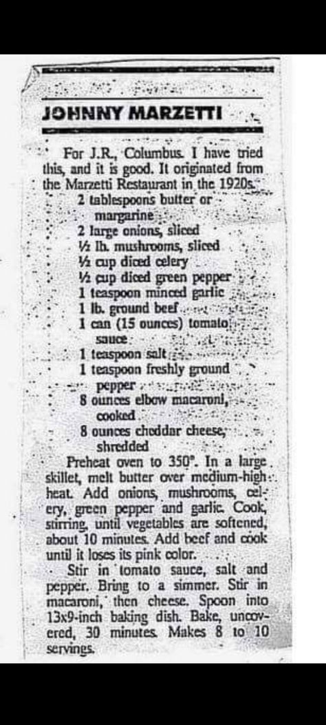 Marzetti Coleslaw Recipe, Johnny Marzetti Recipe Easy, Johnny Marzetti Recipe With Egg Noodles, School Johnny Marzetti, Johnny Marzetti Recipe, Johnny Marzetti Casserole Recipe, Newspaper Recipes Vintage, Johnny Marzetti, Easy Goulash Recipes