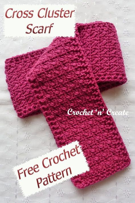 Crochet Cross Cluster Scarf, free crochet pattern, find it on crochetncreate. Crochet Hand Warmers, Autumn Crochet, Crochet Scarf Pattern, Crochet Headbands, Crochet Wearables, Fall Crochet Patterns, Back Post Double Crochet, Crochet Scarf Pattern Free, Front Post Double Crochet