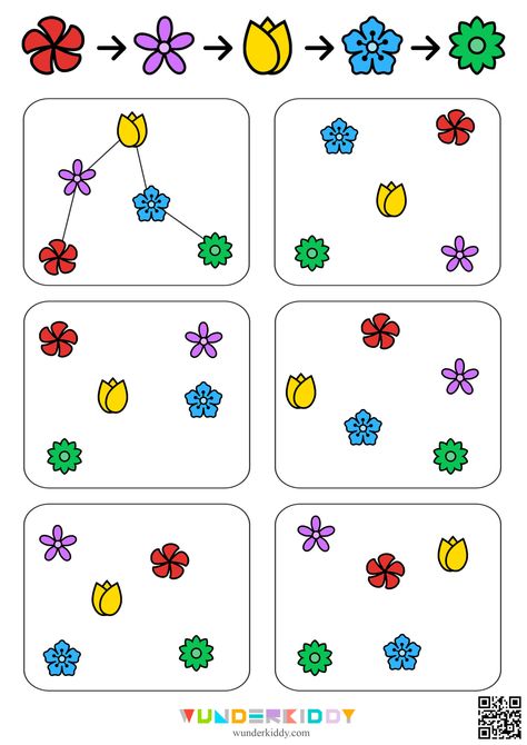 Попередній робочий аркуш для дітей Connect the Flowers для друку Flowers Math Activities Preschool, Flower Activities Preschool, I Spy Printables For Kids Free, Spring Activity Sheets, Flowers Worksheet, Attention Worksheets, Spring Worksheets Preschool, Flower Activity, Spring Worksheets