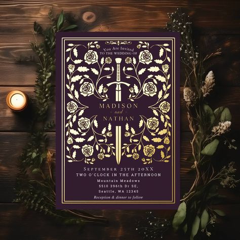 Eggplant Royal Medieval Sword Wedding Foil Invitation Invite your wedding guests with this Royal Gold Sword Medieval Fantasy design. It is perfect for couples seeking a regal yet modern medieval fantasy aesthetic. For more invitations and gifts, our Zazzle shop #linkinbio #Zazzlemade #weddingstationery #weddinginvitation #weddingplanner #weddingplans #weddinginspiration #weddinginspo #elegantwedding #weddingtrends #weddingsuite #weddinginvites #weddingideas #weddinginvitations #weddinginvi... Medieval Wedding Theme, Frame Flowers, Medieval Wedding, Swords Medieval, Foil Wedding Invitations, Wedding Elegant, Fantasy Wedding, Foil Invitations, Blue Wedding Invitations