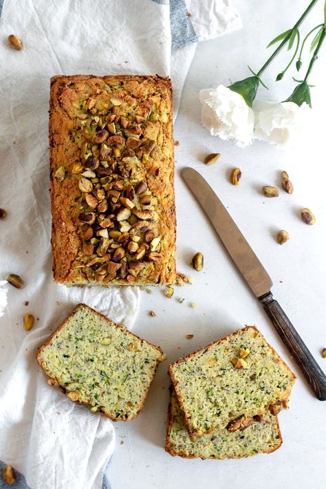 One-Bowl Paleo Zucchini Pistachio Bread made with fresh and healthy zucchini, pistachios, and olive oil is a delicious and easy savory treat the whole family will love! (gluten free, grain free, dairy free, low carb) Chickpea Loaf, Zucchini Chickpea, Paleo Sandwich Bread, Paleo Sandwich, Pistachio Bread, Paleo Zucchini, Savoury Breakfast, Dairy Free Low Carb, Carb Alternatives